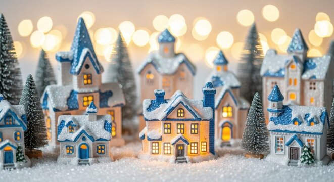Winter Wonderland Village: Miniature snow-covered houses and snow-dusted Christmas trees create a charming winter scene, inviting warmth and cheer with twinkling lights and a festive atmosphere.