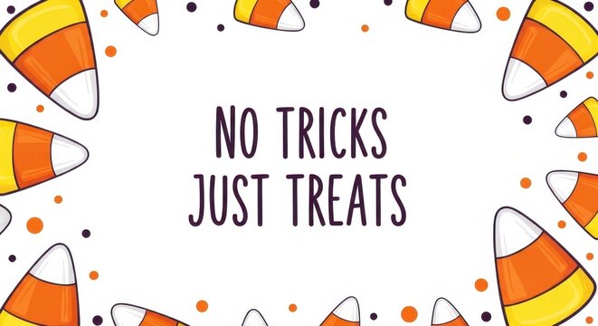 Sweeten the Deal: A candy corn border frames the words No Tricks, Just Treats, embodying the spirit of Halloween. A charming illustration evokes a sense of festive celebration and joyful anticipation.