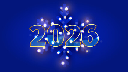 2026 new year background with gold digits and blue snowflake decorated bokeh