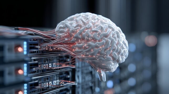 Artificial intelligence brain connected to server network offers insight into deep learning, machine learning, digital transformation, future technology