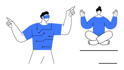 Man wearing VR headset and gesturing next to person meditating in lotus pose. Ideal for technology, mindfulness, innovation, human connection, mental balance, virtual reality, digital wellness