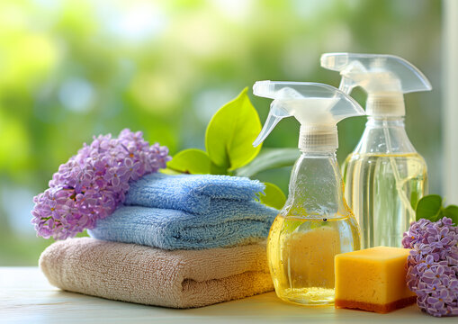 Cleaning supplies on a table with colorful spray bottles, sponges, and yellow gloves wiping a pink cloth. Household cleaning concept with detergents and tools in soft daylight. - Powered by Adobe