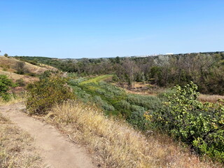 Obraz premium Landscape of a path on the slope of the Dnieper hill where an unsurpassed panorama of the Dnieper flow opens.