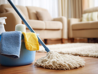 Cleaning supplies on a table with colorful spray bottles, sponges, and yellow gloves wiping a pink cloth. Household cleaning concept with detergents and tools in soft daylight.