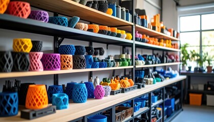 3D Printed Objects with Various Colors, Shelves, and Workshop Interior.