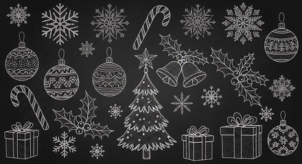 Chalkboard style christmas elements including snowflakes, ornaments, candy canes, holly, bells, gifts, and a christmas tree, drawn in white on a black background