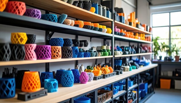 3D Printed Objects with Various Colors, Shelves, and Workshop Interior.