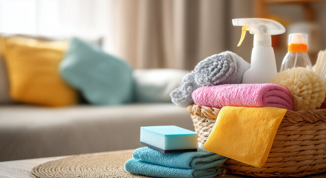 Cleaning supplies on a table with colorful spray bottles, sponges, and yellow gloves wiping a pink cloth. Household cleaning concept with detergents and tools in soft daylight. - Powered by Adobe