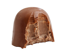 A chocolate covered candy is cut in half