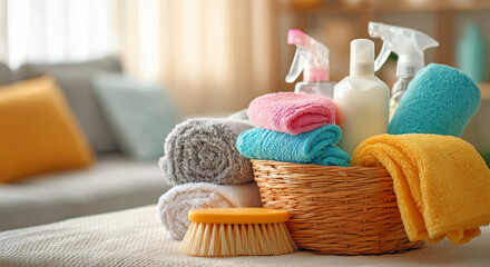 Cleaning supplies on a table with colorful spray bottles, sponges, and yellow gloves wiping a pink cloth. Household cleaning concept with detergents and tools in soft daylight.