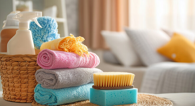 Cleaning supplies on a table with colorful spray bottles, sponges, and yellow gloves wiping a pink cloth. Household cleaning concept with detergents and tools in soft daylight. - Powered by Adobe