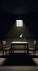 Empty interrogation room with a table, two chairs, and a window with bars, creating a tense atmosphere. Concept of crime investigation and legal procedure.
