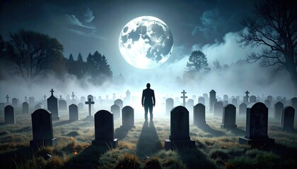 Person in Graveyard under Moon Halloween with Cemetery, and Night Spooky.