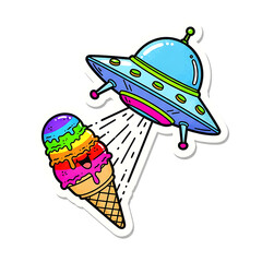 A cartoon blue UFO abducting a melting rainbow ice cream cone with a happy face.