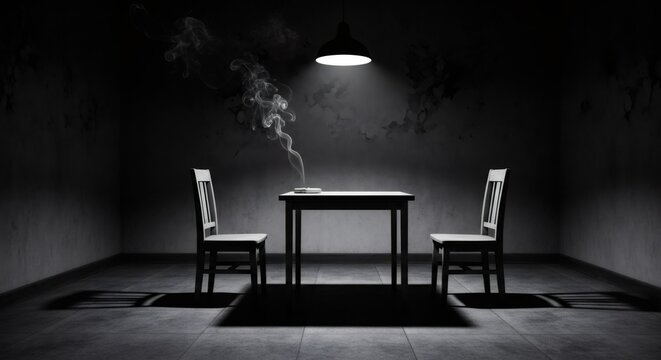 Gloomy empty room with table and chairs under a single lamp. Dark interrogation room or police station concept. Psychological drama background for crime film.
