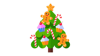 Festive Delight: A whimsical Christmas tree, adorned with cheerful gingerbread men, tempting cupcakes, and classic candy canes, stands as a vibrant symbol of holiday joy.