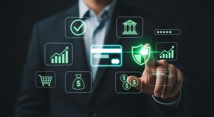 Businessman interacting with a glowing digital interface displaying financial icons representing security credit cards banking and growth symbolizing digital finance and secure transactions