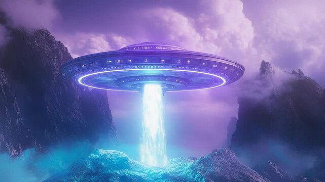 Ufo spaceship hovering over alien mountains emitting light beam