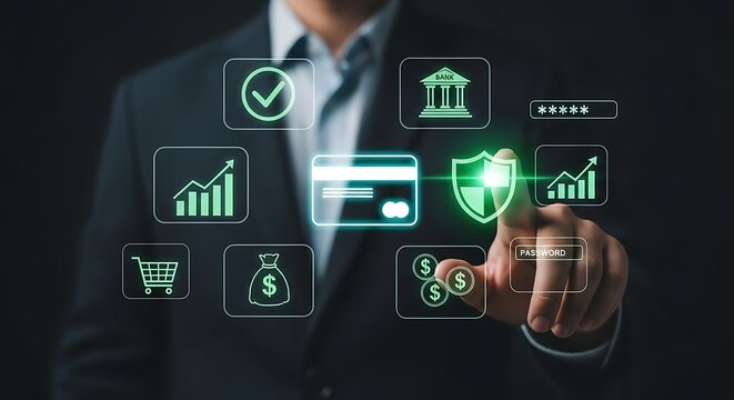 Businessman interacting with a glowing digital interface displaying financial icons representing security credit cards banking and growth symbolizing digital finance and secure transactions