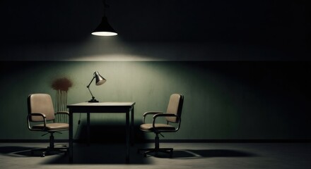 Dark room with table, chairs, and lamp for interrogation scene. Empty space with suspenseful mood and dark theme.