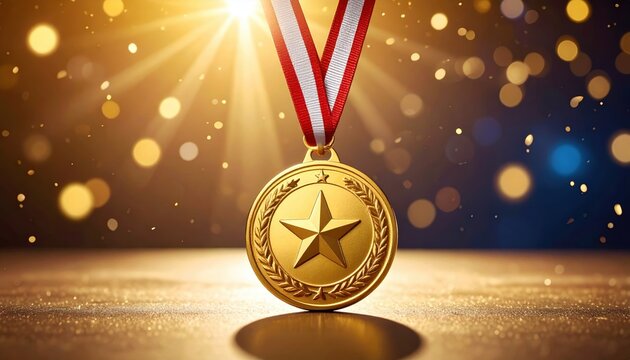 Golden Medal of Honor: A radiant gold medal, adorned with a shining star, hangs gracefully on a red and white ribbon, signifying accomplishment and prestige.