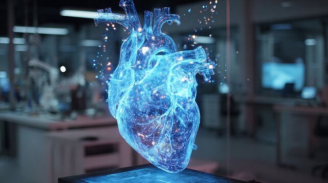 Stunning 3D digital heart hologram in a modern research lab offers a glimpse into the future of medical science with advanced technology - Powered by Adobe