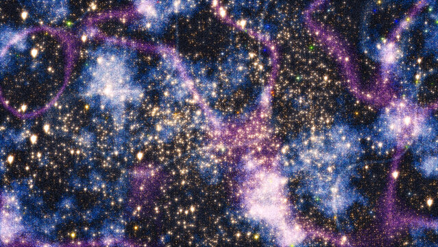 Dense cluster of stars with purple cosmic filaments resembling galactic connections across the universe