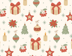 Seamless vector pattern in vintage Christmas style with poinsettia, ornaments, gifts, candles, trees, berries and snowflakes. Perfect for wrapping paper, textiles, holiday decor, cards, and packaging.