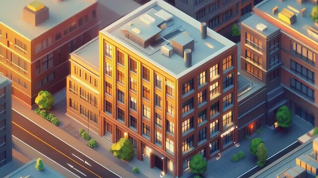 Isometric city street with multiple buildings and golden hour lighting