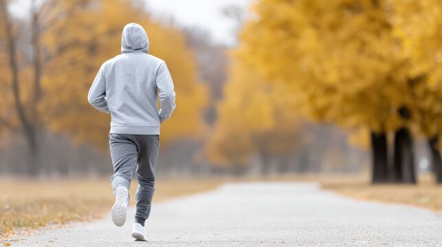 Male jogger in gray hoodie and sweatpants runs along a scenic path surrounded by vibrant autumn trees, embodying fitness and outdoor activity in a tranquil environment - Powered by Adobe