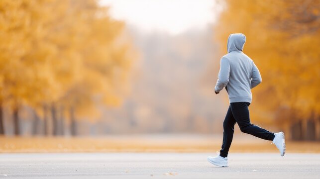 Male jogger in gray hoodie and black pants runs along a tree-lined path with vibrant autumn foliage, embodying fitness and outdoor activity in a serene environment