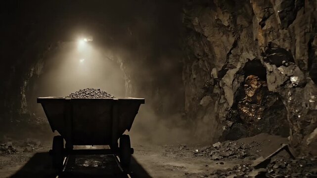 Coal Mine Cart on Rails in Dark Tunnel with Light Beam and Gold Vein