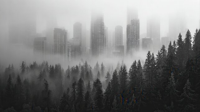 Misty Urban Skyscrapers Over Dark Forest Trees