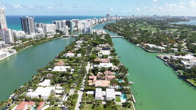 Miami Beach, Florida USA. Drone Shot of Allison and La Gorce Island Neighborhood, Indian Creek