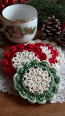 Handmade Crochet Christmas Coasters – Festive Red, Green, and White Table Decor