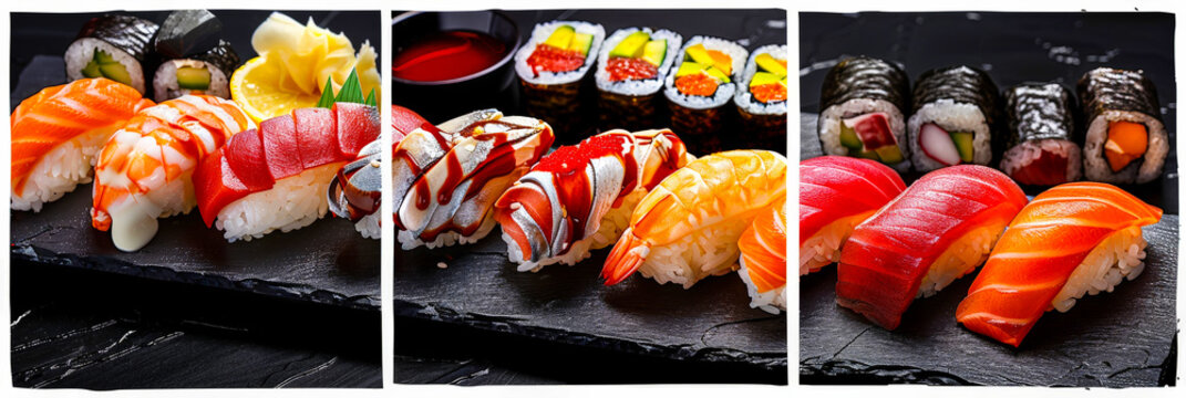 Delicious assortment of sushi displayed on a black platter at a restaurant during dinner time - Powered by Adobe