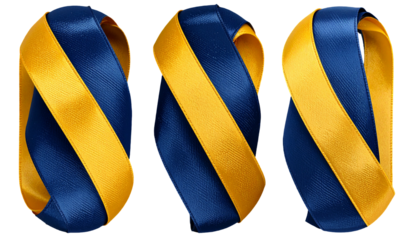 Three curled ribbons, alternating blue and gold stripes, against a black background