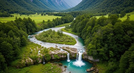 Aerial View of Lush Green Valley with River and Waterfall 