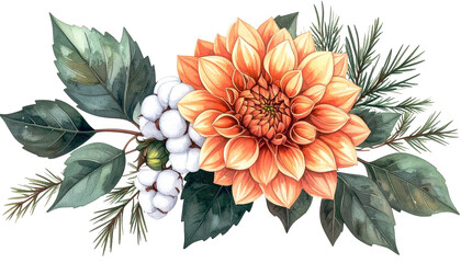 A detailed watercolor floral arrangement of an orange dahlia and greenery