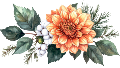 A detailed watercolor floral arrangement of an orange dahlia and greenery