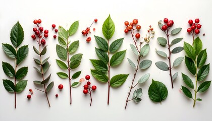 A vibrant arrangement of various leaves and berries showcasing nature's beauty and diversity