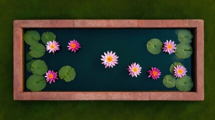 Aerial View of a Symmetrical Lotus Pond with Beautiful Water Lilies and Green Leaves