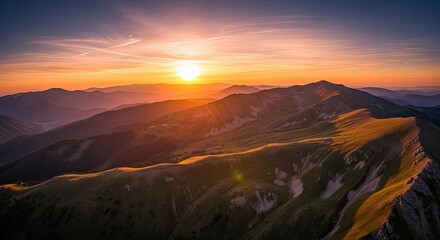 Epic Aerial View of Mountainous Landscape at Golden Hour Sunset
