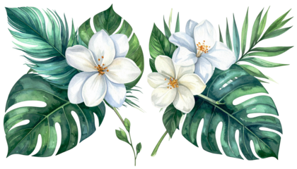 Watercolor floral arrangement with white blooms and lush tropical foliage