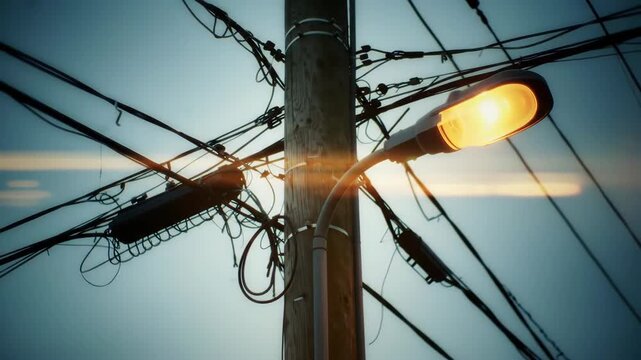 Illuminated street light on wooden pole with wires against sky, evoking urban energy, used for ambiance