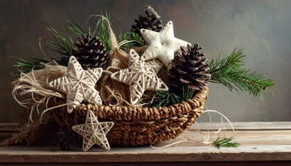Festive arrangement of star-shaped decorations and pinecones in a rustic basket on a wooden surface