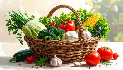 Freshly harvested vegetables in a wicker basket on a table, with a vibrant garden background