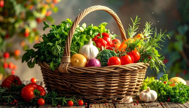 Freshly harvested vegetables and herbs in a rustic basket on a wooden table, with a blurred garden backdrop - Powered by Adobe