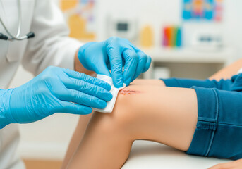 Doctor cleaning a scraped knee of a child patient with an antiseptic wipe after a fall injury first aid for kids
