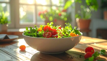 Fresh salad bowl with vibrant vegetables on a wooden table, sunlit kitchen with greenery in background
